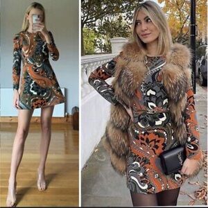 Zara Women's Paisley Mini Dress - Orange, Black, White